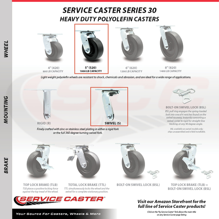 Service Caster 5 Inch Polyolefin Wheel Swivel Caster with Ball Bearing SCC-30CS520-POB